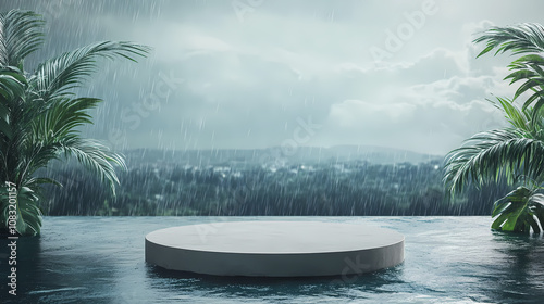 Wallpaper Mural Empty podium mockup for product display with a monsoon landscape background. Monsoon. Illustration Torontodigital.ca