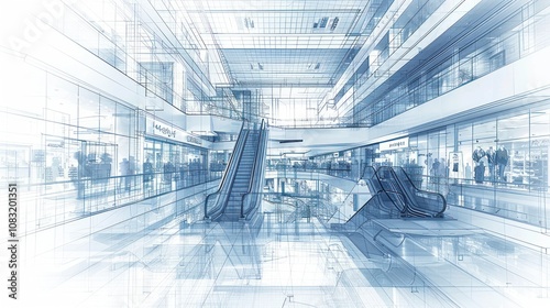 A blueprint of a shopping mall with two escalators in the middle of the image with a blur of people in the background.