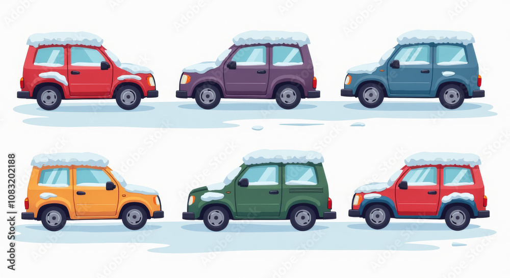 Fototapeta premium Colorful Snow-Covered Cars Illustration Set Featuring Red, Orange, Purple, Green, and Blue Vehicles. Perfect for winter travel concepts, car-related themes, and seasonal design projects.