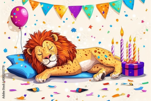 Regal lion resting on a birthday backdrop with colorful candles balloons and confetti exuding majesty and festivity in a whimsical setting photo