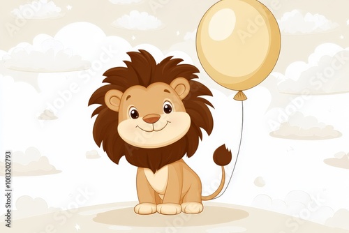 Adorable lion cub holding a balloon in a whimsical sky setting surrounded by fluffy clouds creating a playful and dreamy scene photo