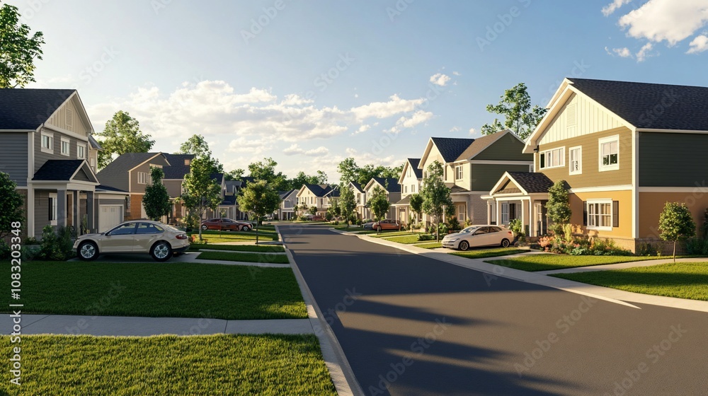 Naklejka premium A quiet suburban street lined with houses, with cars parked in front of them.