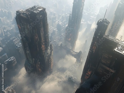 A high-angle view of a futuristic city shrouded in mist with tall, metallic buildings.