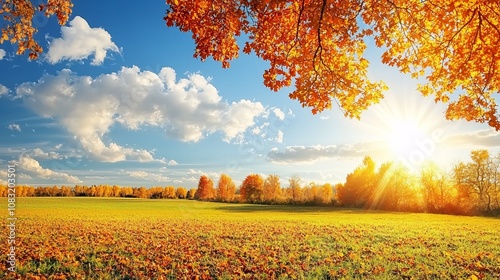 A breathtaking autumn landscape featuring vibrant orange leaves, a serene field, and a clear blue sky illuminated by the warm glow of the setting sun. photo