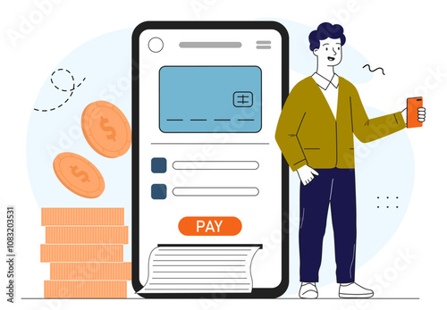 Man with electronic wallet. Young guy with smartphone with digital money. Cashless transfers and transactions. Online shopping. Linear vector illustration
