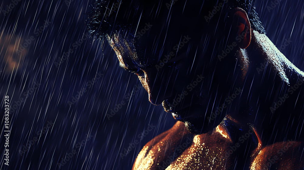 © Thiago - A rugged man, drenched in a monsoon downpour, his muscled form illuminated by low light. Monsoon. Illustration