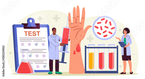 Team of endocrinologist. Man and woman in medical uniform make test. Health care and medicine. Scientific research. Diagnosis and treatment. Flat vector illustration