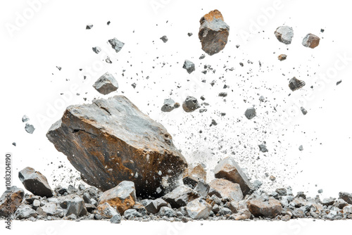 Rock explosion action quarry high-speed photography dark background dynamic scene energy photo