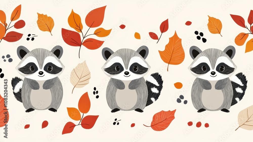 Obraz premium Cute Cartoon Raccoons with Autumn Leaves Pattern - Adorable Woodland Animals and Fall Foliage Illustration for Kids and Nature Lovers