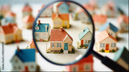 Close-up view of miniature Real Estate house models with a magnifying glass focusing on one photo