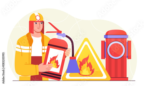 Firefighter with equipment. Man in uniform and safety helmet with extinguisher and warning sign. Professional rescuer in emergency situations. Flat vector illustration