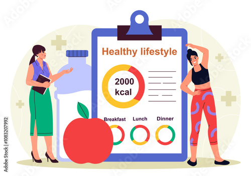 Woman with healthy lifestyle. Young girl does yoga near huge apple. Active lifestyle and sports. Fitness and workout, diet and nutrition. Flat vector illustration