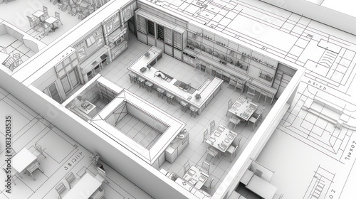 Wallpaper Mural 3D blueprint of a restaurant with tables, bar, and kitchen. Torontodigital.ca