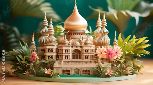 Paper cut of a grand palace with domed roofs and lush gardens,Generative ai illustration
