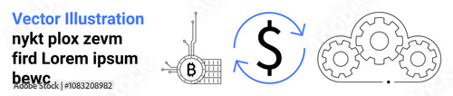Icons showing Bitcoin mining, dollar sign in circulation, and interconnected gears. Ideal for finance, blockchain, technology, economy, investment, data analysis, business strategy, Landing page