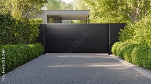 a sleek dark gray aluminum gate leading to a modern suburban home, with clean lines and a minimalist design. The driveway is lined with smooth gravel and framed by lush green shrubs.