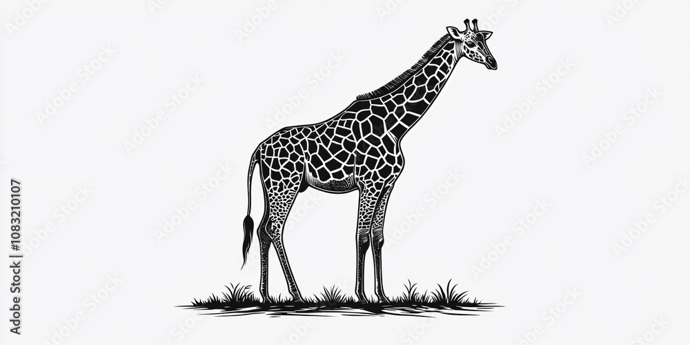 Obraz premium A black and white illustration of a giraffe standing tall on a white background.