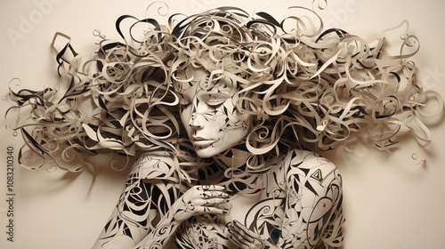 Paper cut of a mind filled with scattered thoughts and tangled lines,Genearative ai illustration