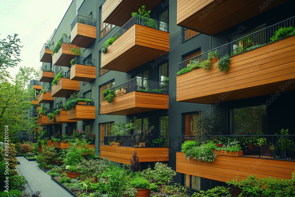 Fototapeta premium White modern residential building with green plant walls. Sustainable living, ecology and green urban environment