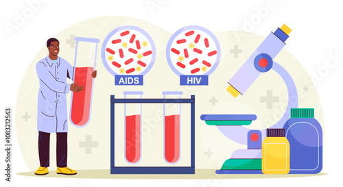 Immunodeficiency virus in laboratory. Man in medical uniform with test tube with substance next to microscope. Scientific biochemical research in lab. Flat vector illustration