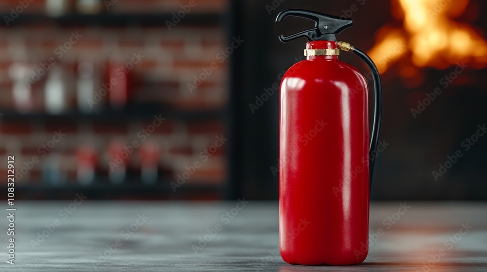 Obraz premium A large fiery red fire extinguisher, with a fireplace and kitchen shelves in the background.