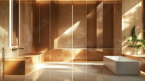 Contemporary bathroom with layered materials, gradually transitioning from warm wood to sleek marble and glossy tiles.