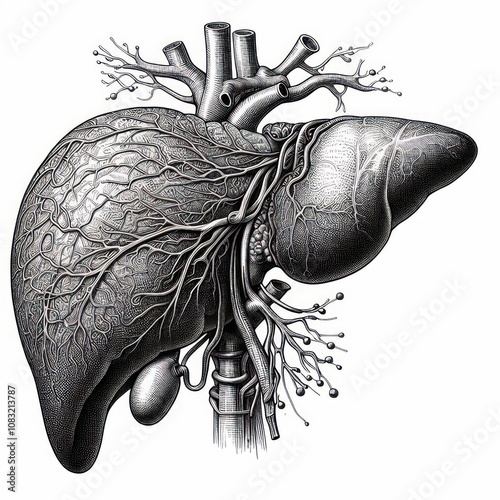 Detailed vintage illustration of the human liver and surrounding anatomy.