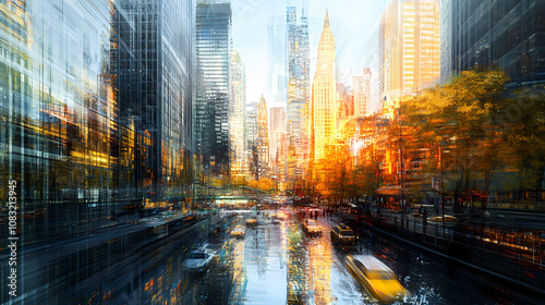 Digital rendering of a metropolis with quantum entanglement networks, featuring a towering skyscraper, a bustling street, and a bustling river. Quantum. Illustration photo