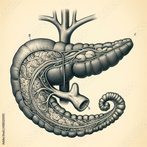 Detailed vintage anatomy illustration of the pancreas and its vascular system. photo