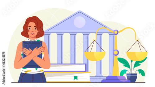 Lawyer near courthouse. Woman with code of laws in her hands near courthouse and golden scales. Justice and legal support for deals. Flat vector illustration