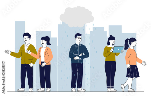Man with loneliness feeling. Young guy lonely at street. Negative feelings and emotions. Depression and frustration. Person with mental trauma. Linear vector illustration