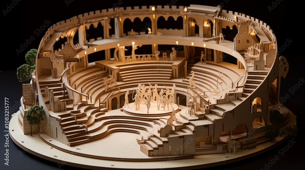 Fototapeta premium Paper cut of an open-air amphitheater with seating and a central stage,generative ai illustration
