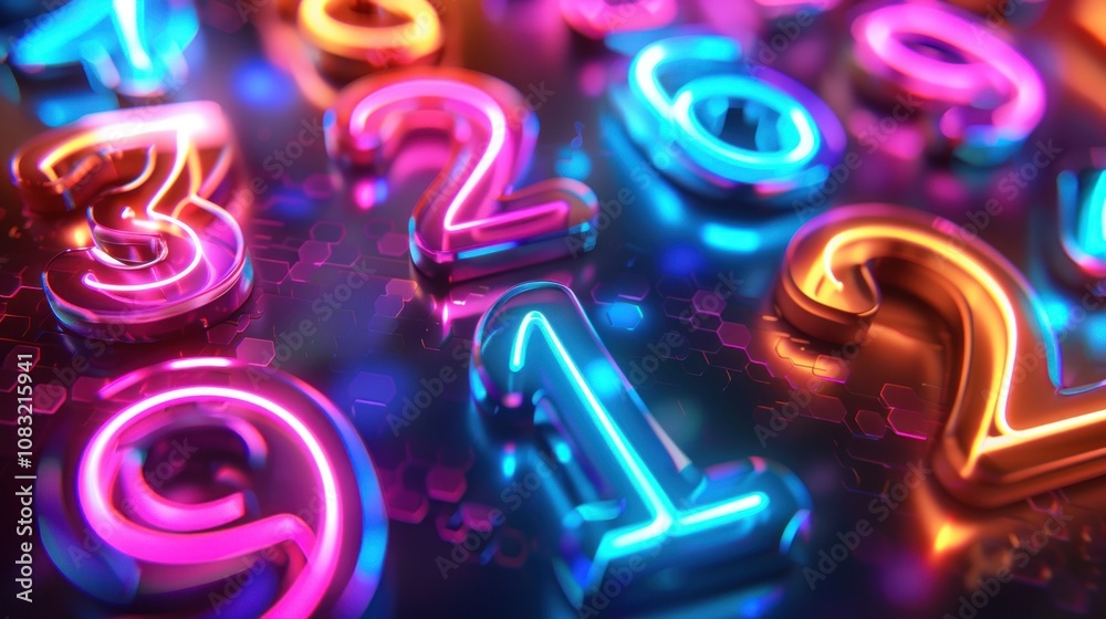 Fototapeta premium Neon numbers on a dark background with glowing hexagons.