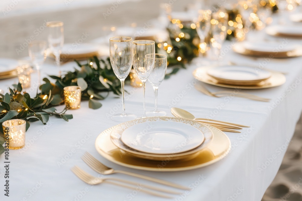 Fototapeta premium Elegant dining setup with gold accents, lush greenery, and soft lighting for a memorable celebration.