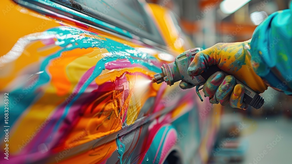 Fototapeta premium A close-up of a hand wearing a yellow glove holding a spray gun and painting a car with vibrant, abstract, colorful paint.