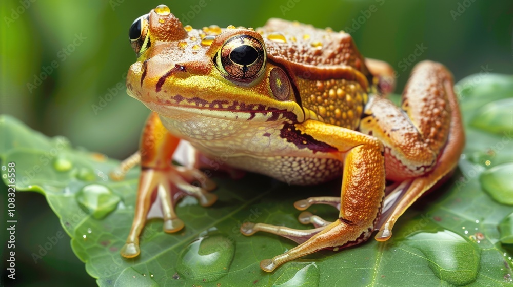 Fototapeta premium Colorful Frog on Leaf in Lush Environment