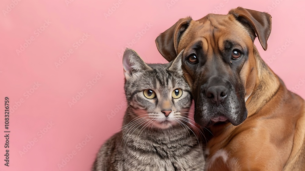 Obraz premium A cat and dog pose together against a pink background, showcasing their friendship.