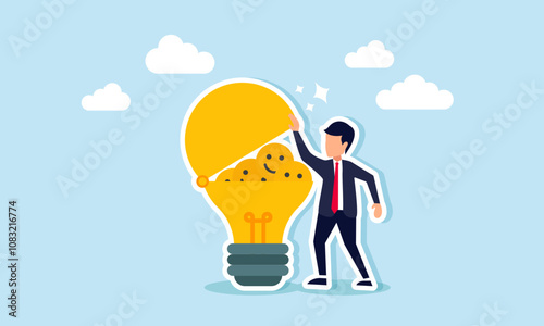 A businessman opens a lamp containing several happy emoticons, illustration of ideas and innovation to boost market engagement