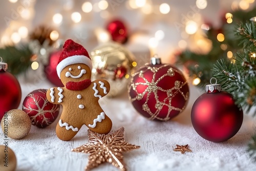 Festive holiday setting with gingerbread cookies red ornaments and sparkling lights against a blurred cozy background evoking seasonal warmth and cheer photo