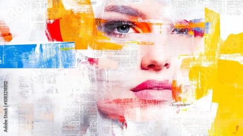 Wallpaper Mural Abstract female portrait blended with newspaper textures, vibrant red and blue accents. Torontodigital.ca