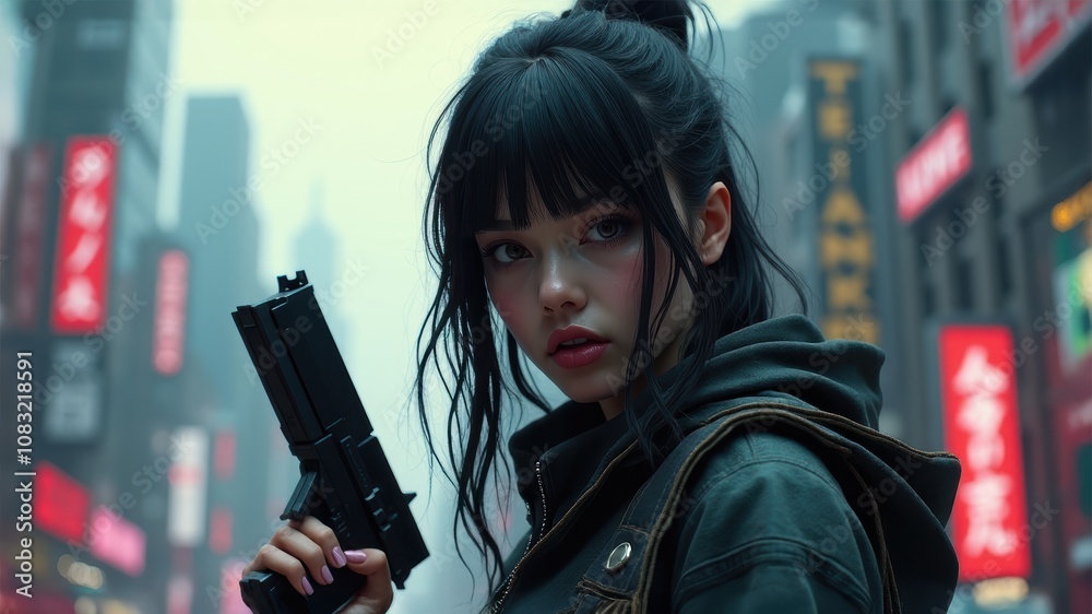 Cyberpunk Girl with Gun in City