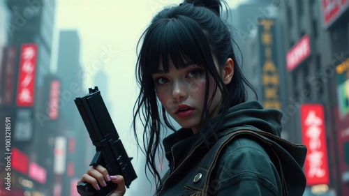 Obraz na płótnie Cyberpunk Girl with Gun in City w salonie