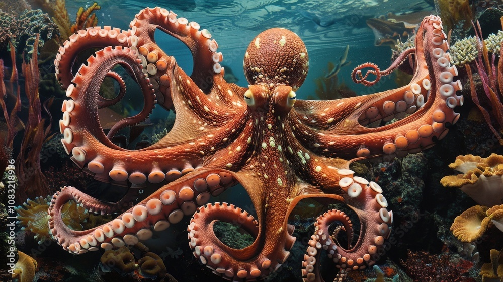 Obraz premium Vibrant Octopus Swimming Among Coral Reef Life