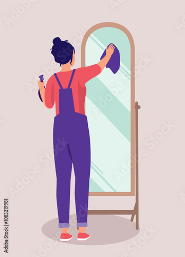Back View Of A Woman Wiping A Standing Mirror With Rag And Cleaner.