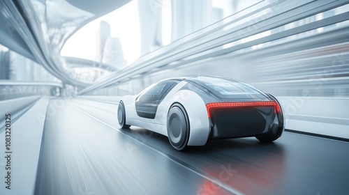 A white futuristic car drives down a highway in a modern city. photo