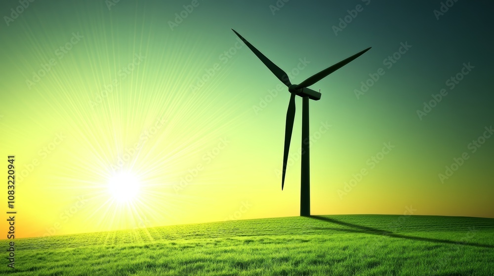Obraz premium A wind turbine stands tall in a field of green grass, with the sun setting behind it. The blades of the turbine are spinning in the wind.