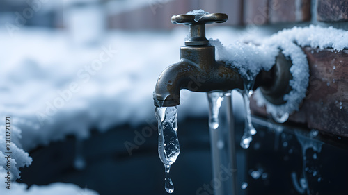 A frozen faucet, covered in ice, with icicles hanging from the spout, symbolizing the harshness of winter. photo