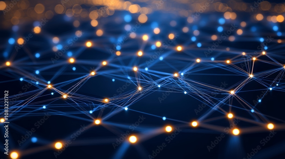 Fototapeta premium Abstract blue and gold network pattern with glowing nodes.