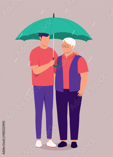 Adult Son Sheltered His Elderly Father From The Rain With An Umbrella.