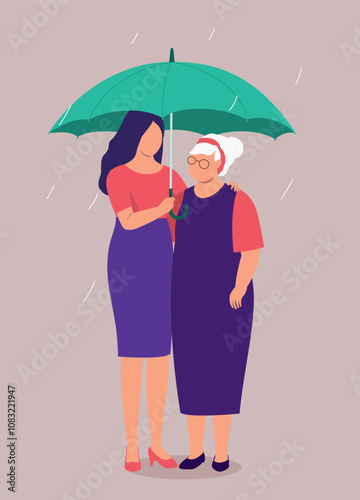 Adult Daughter Sheltered Her Elderly Mother From The Rain With An Umbrella.